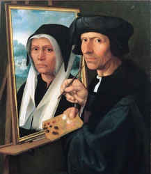 Jacob Cornelisz. van Oostsanen schildert het portret van zijn vrouw.